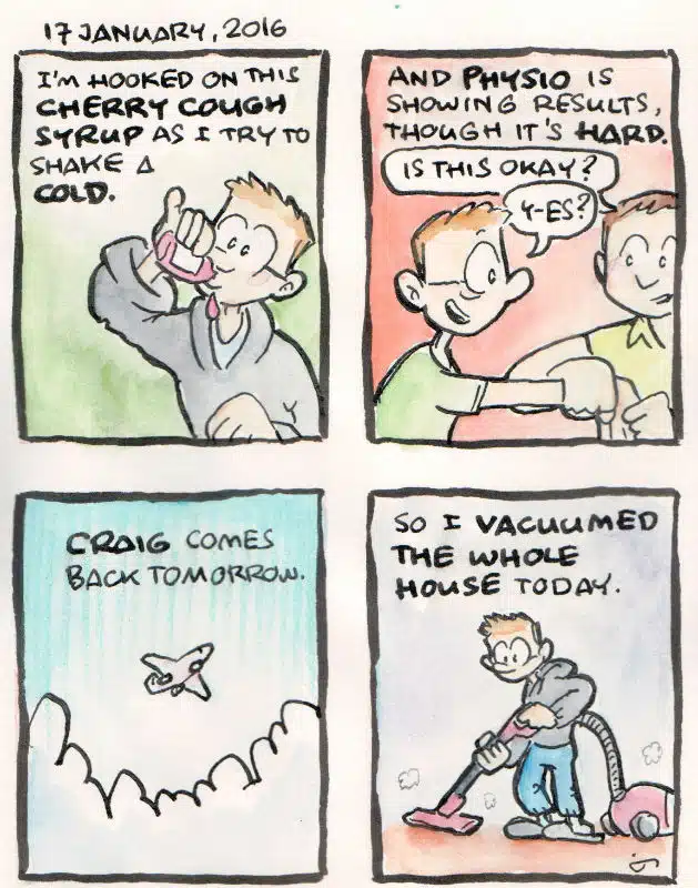 comic 2 - drinking cough syrup, cleaning the house