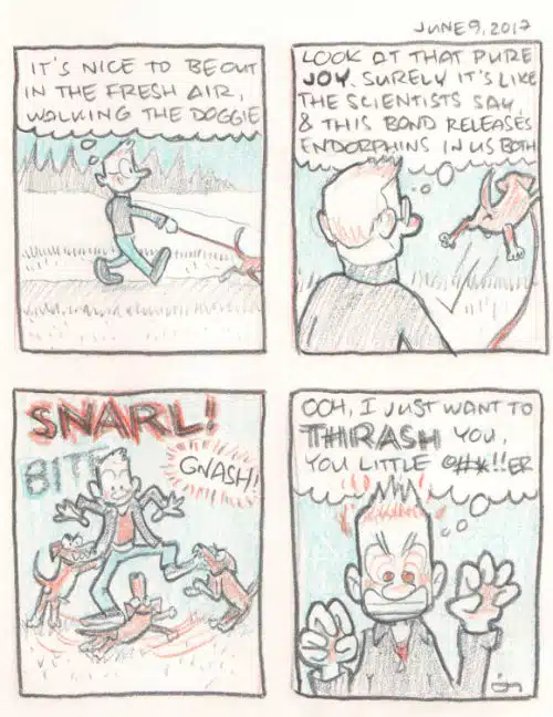 comic: walking the dog, the dog attacks