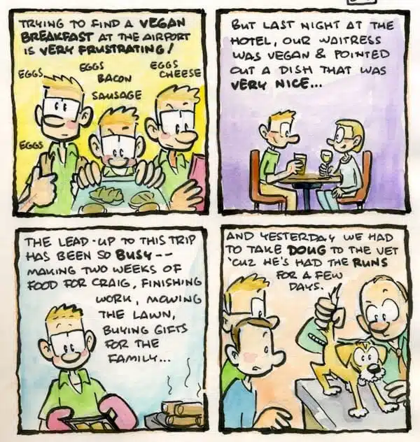 comic: trying to find vegan breakfast at the airport