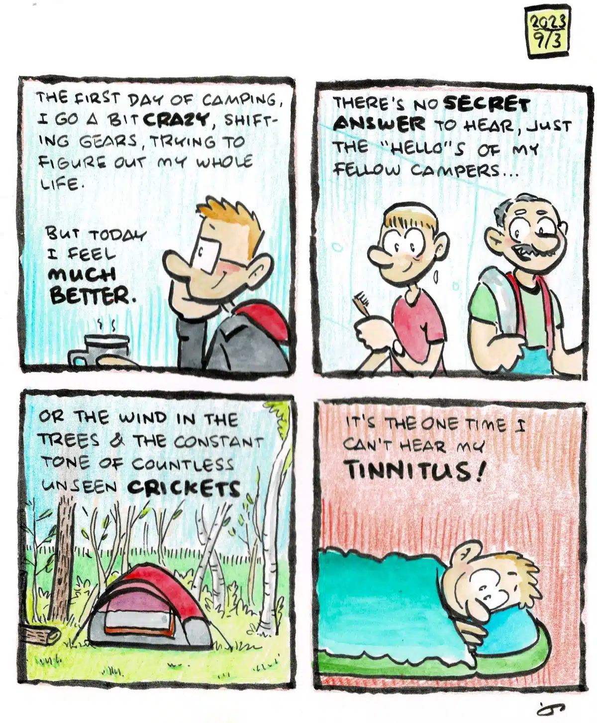 Comic of Hame on his second day of camping, settling into it