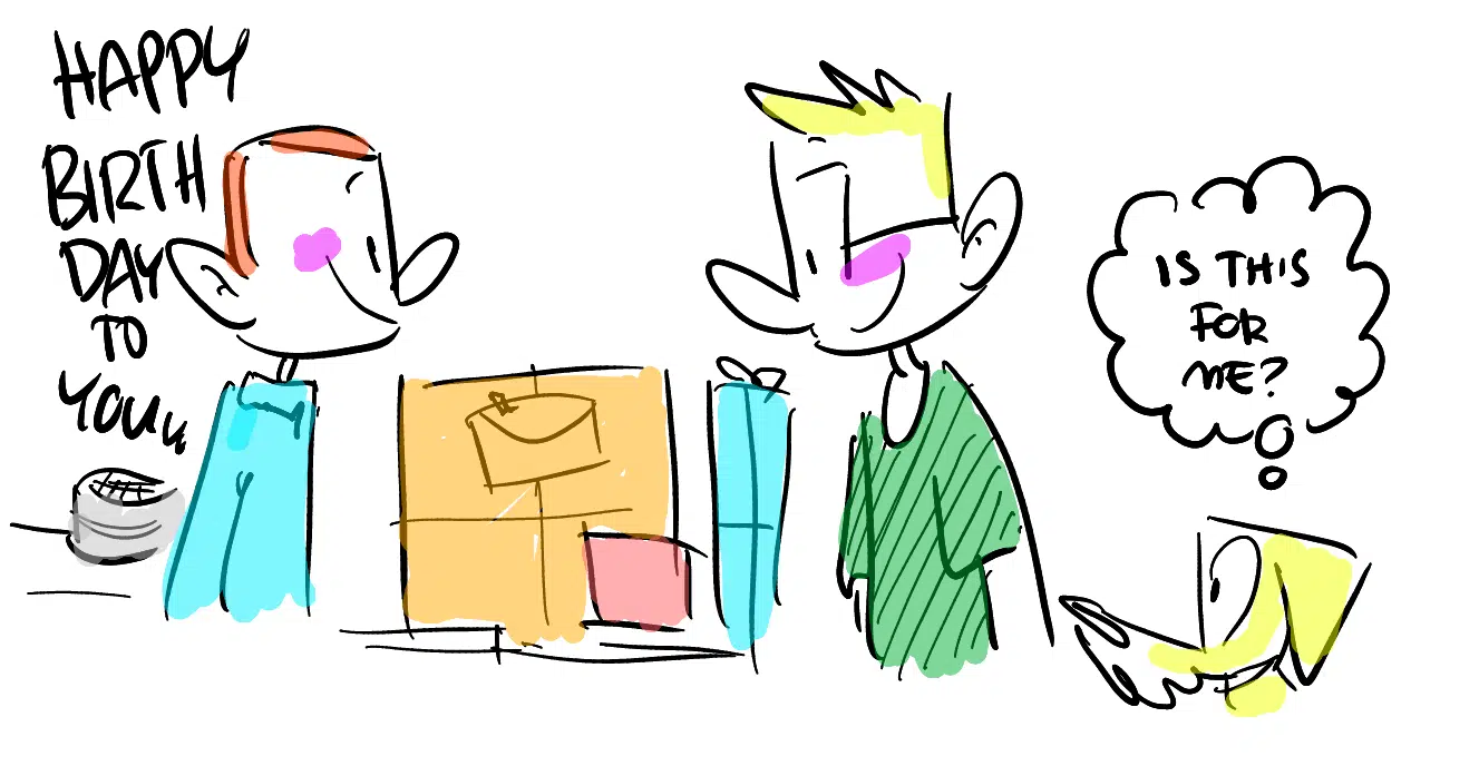 Rough cartoon of Craig giving birthday presents to Hamish with the dog, Doug, watching on